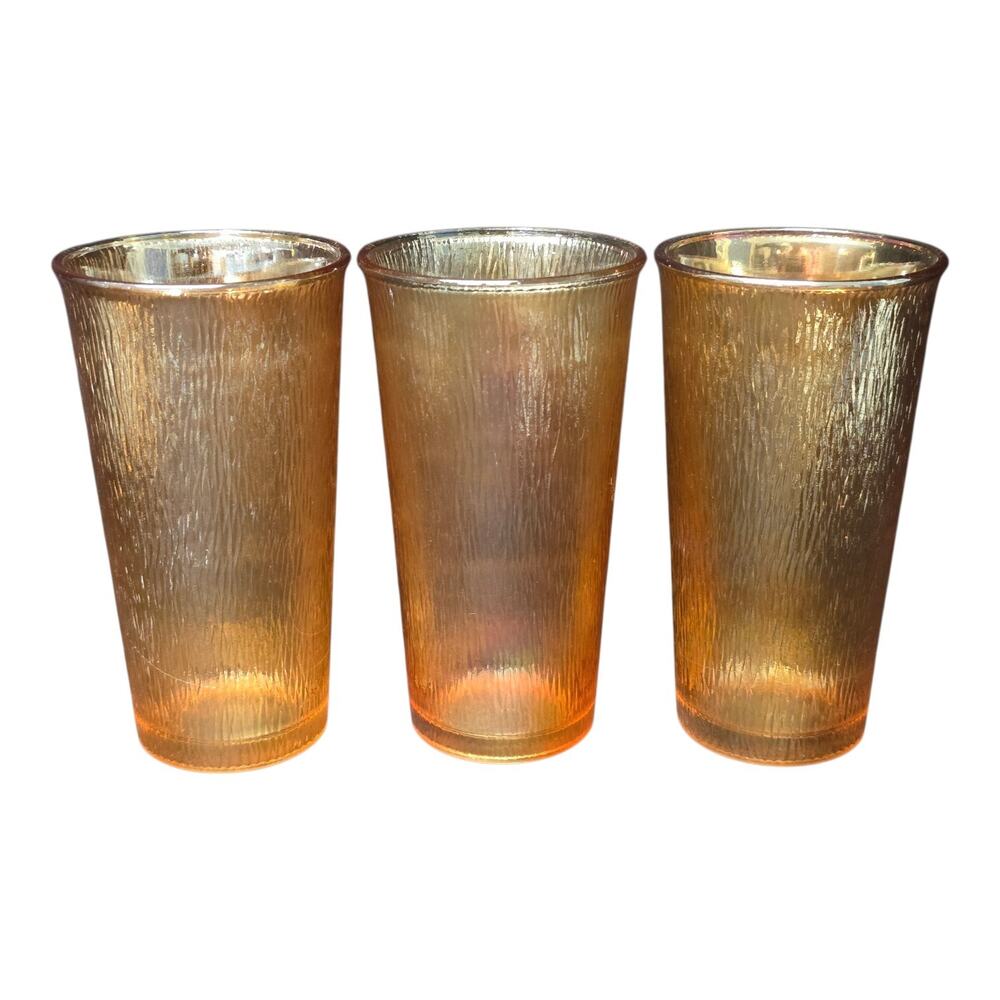 Vintage Jeanette Glass Marigold Carnival Treebark Beverage Tumblers Set of 3